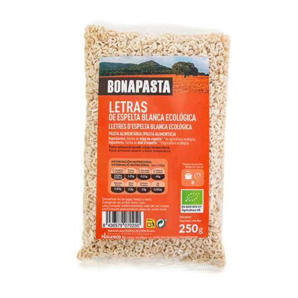 Massa Letras Branca de Espelta Bio, embalagem de 250 gr. Produto de Agricultura Biológica Certificada. ALERG&Eacu...